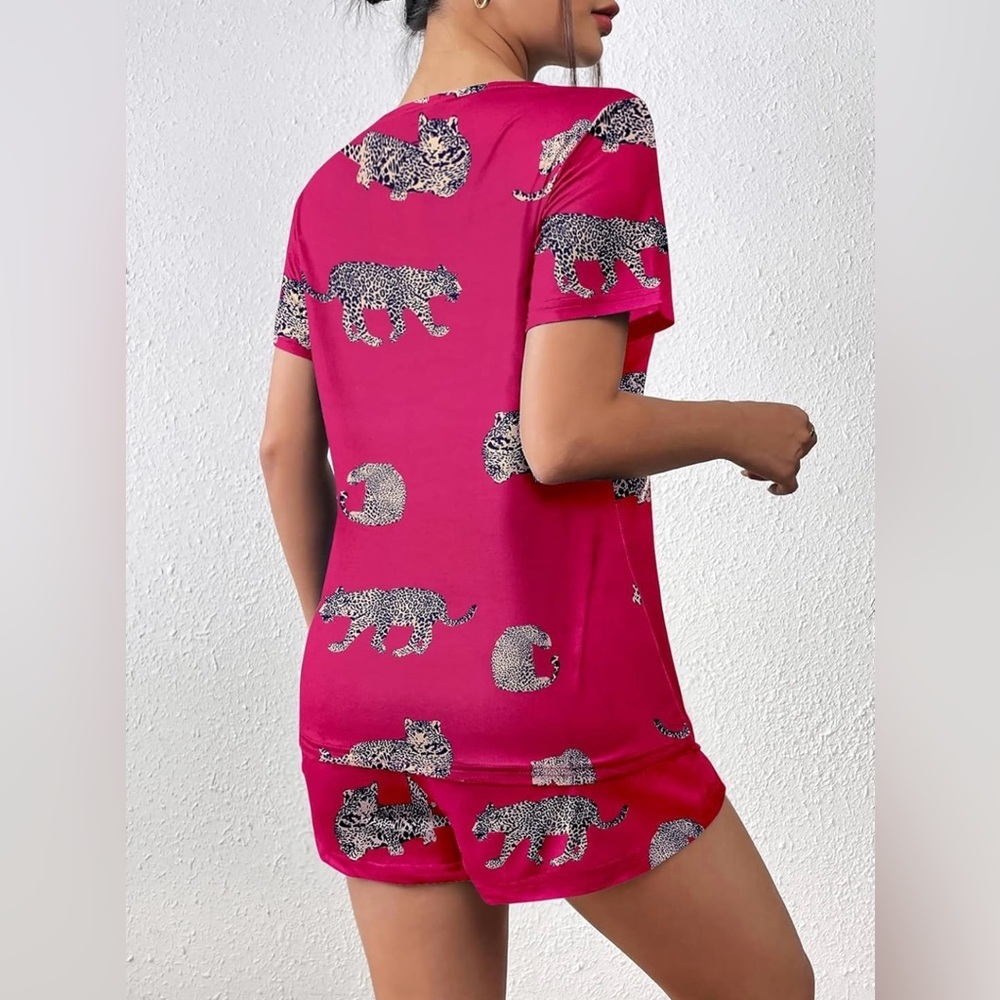 Womens Pink/Black 2 Piece Pajama Set‎ Short Sleeve Shirt and Shorts | NEW!!🖤💗 - Picture 3 of 6